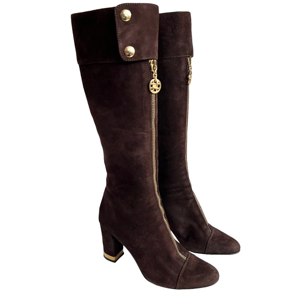 Bellofatto boots knee high brown suede zip up gold block heel size 6.5